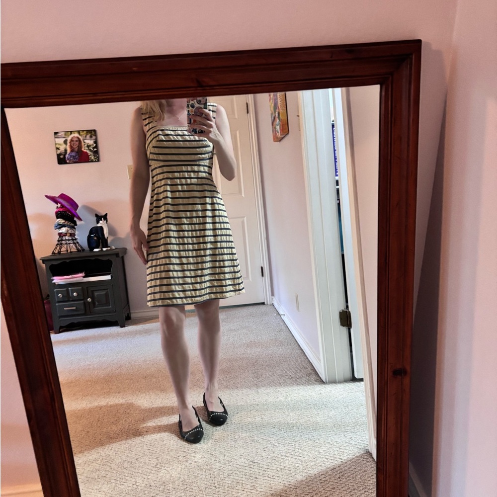 J. Crew Tan and Navy Blue Striped Midi Sundress